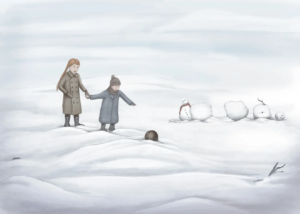 Two children in winter coats holding hands and playing in a snowy field, with a brown ball near them and row of snowmen in the distance.