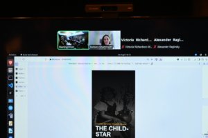 Zoom call on laptop screen showing two video tiles (Meeting room and Barbara Ghammashi) with participant names, plus a poster for The Child-Star.