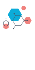 Abstract science illustration of hexagonal molecular structures in blue and pink on a white background.