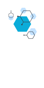 Abstract science illustration with blue hexagons and connected molecular structures in a white background.