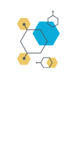 Abstract chemistry-inspired illustration with interconnected hexagons (yellow and blue) connected by dark bonds and rings