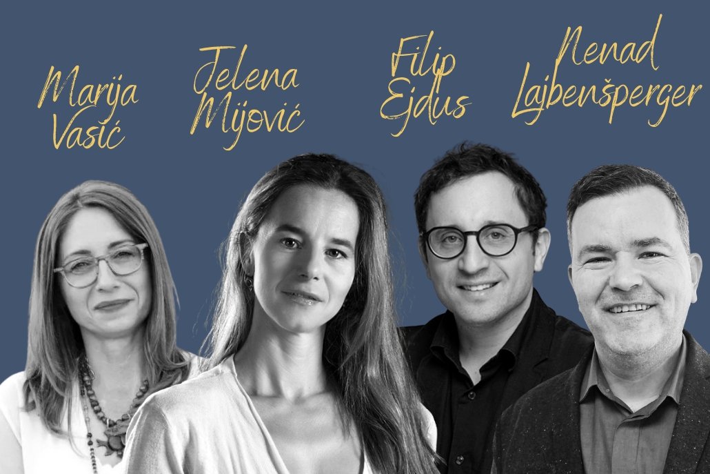 Group photo of four professionals posing against a blue background with gold handwritten names above each person.