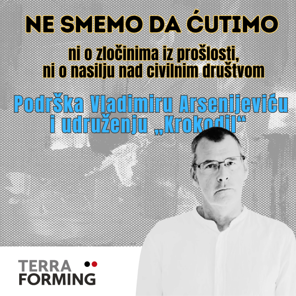 Advocacy poster urging support for Vladimir Arsenijević and the ‘Krokodil’ association; features a man in a white shirt on the right and bold blue lettering.
