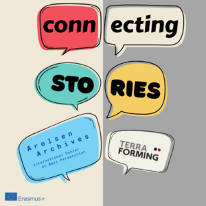 Colorful speech bubbles arranged in two columns on beige and gray panels spell out the phrase 'connecting stories', with small project logos (Erasmus+ and Terra Forming) visible.