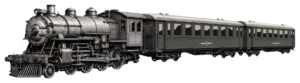 Vintage steam locomotive pulling dark passenger cars, side view (black-and-white illustration)