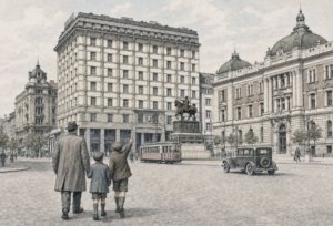 A man and two children walk hand in hand across a cobblestone city square toward a statue on a horse in front of grand buildings and a tram.