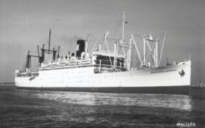 Historic white ocean liner with multiple lifeboats and a tall funnel, sailing on calm water.