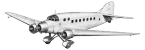 Vintage twin-engine propeller airplane viewed from the front-right, rendered as a detailed sketch with multiple windows and a rounded cockpit.
