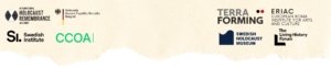 Row of logos of Holocaust remembrance and cultural organizations on a beige textured background.