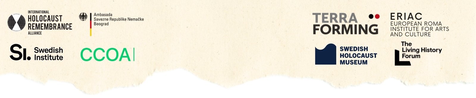 Row of logos of Holocaust remembrance and cultural organizations on a beige textured background.