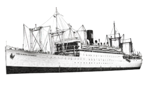 Large ocean liner with lifeboats along the upper deck and tall masts, labeled 'Cabo de Buena Esperanza' on the bow
