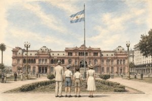 Historic pink government building with a tall flagpole displaying the Argentine flag, seen from a garden with people in period clothing in the foreground.
