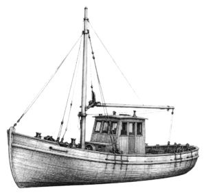 Old wooden fishing boat with a cabin and tall mast, shown in a detailed black-and-white illustration on a transparent background.