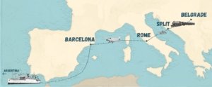 Stylized travel map showing a dotted route from Argentina to Barcelona, then Rome, Split, and Belgrade with icons for ship, airplane, and train on the path.