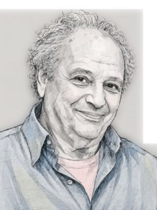 Portrait illustration of a smiling man with light, curly hair wearing a collared shirt.