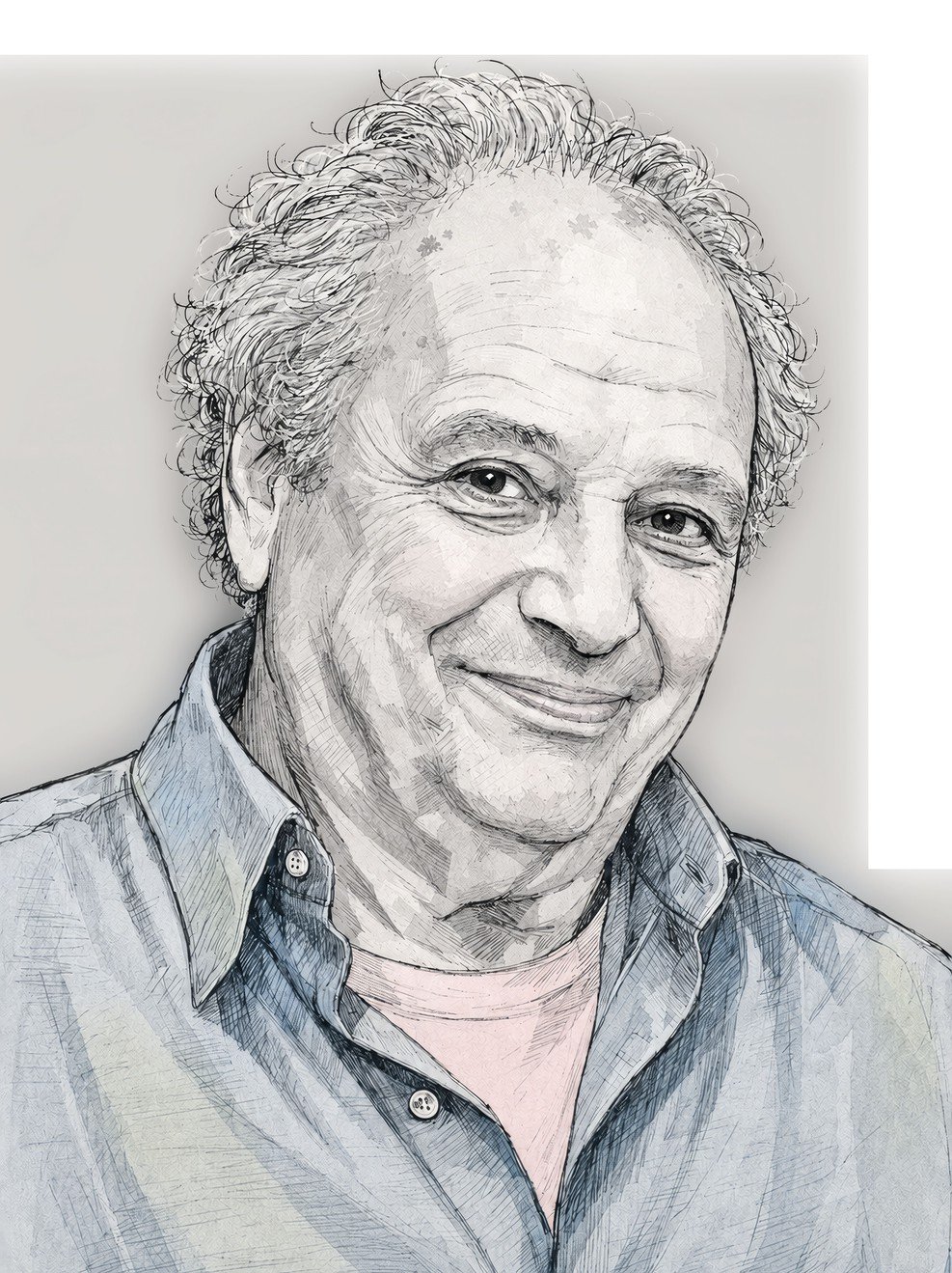 Portrait illustration of a smiling man with light, curly hair wearing a collared shirt.
