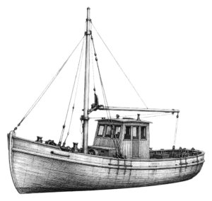 Vintage wooden fishing boat with a small cabin and tall mast, drawn in a detailed black-and-white illustration.