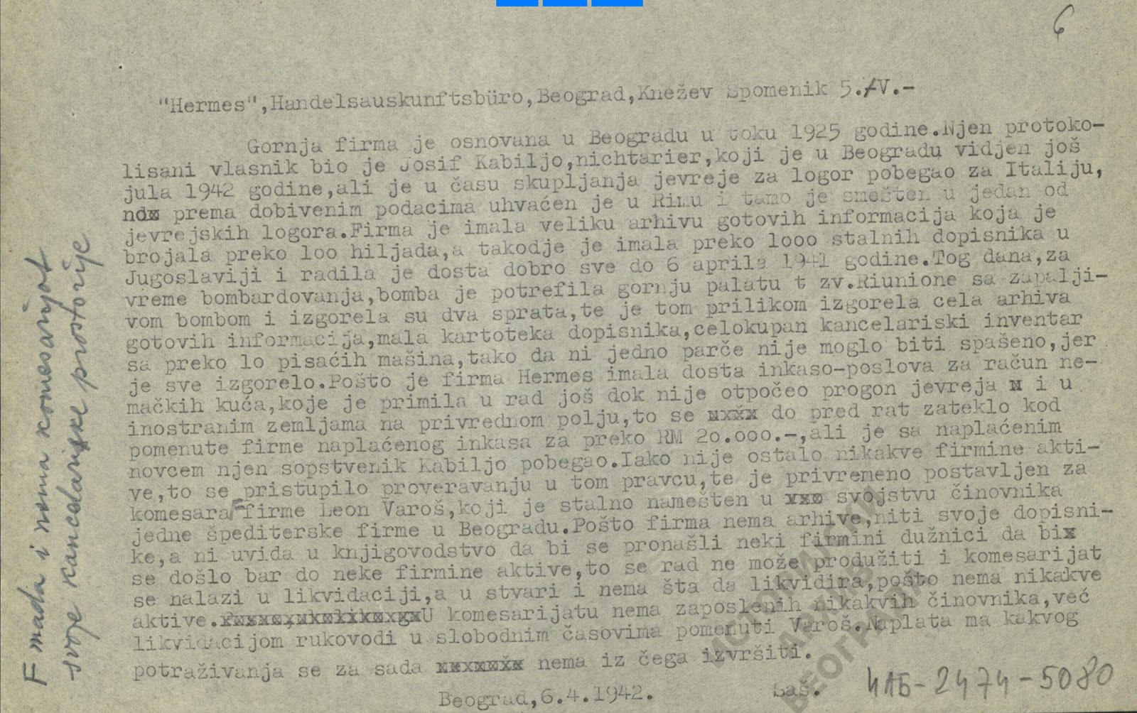 Historical typewritten document on aged paper, Beograd 6.4.1942, describing a firm's origin and archives in 1925-1941 with handwritten notes along the left margin.