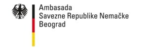 Logo of the German Embassy in Belgrade, with the black eagle emblem and a black–red–yellow stripe beside the text 'Ambasada Savezne Republike Nemačke Beograd'