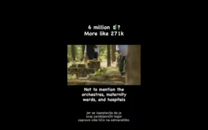 Black screen with white text reading “6 million ? More like 271k”; a small forest video frame below shows people among trees with captions about hospitals and wards.