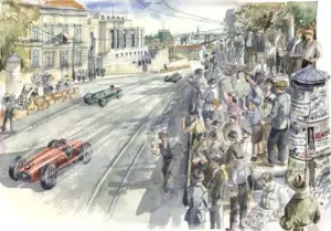 Watercolor illustration of a vintage car race on a city street with cheering spectators along the sidewalk and a grand building in the background.